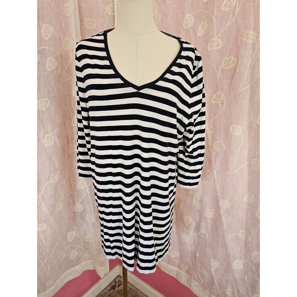 Chico's Ultimate Tee Women's 2 Large Blue Striped V-Neck 3/4 Sleeve Cotton Tunic
